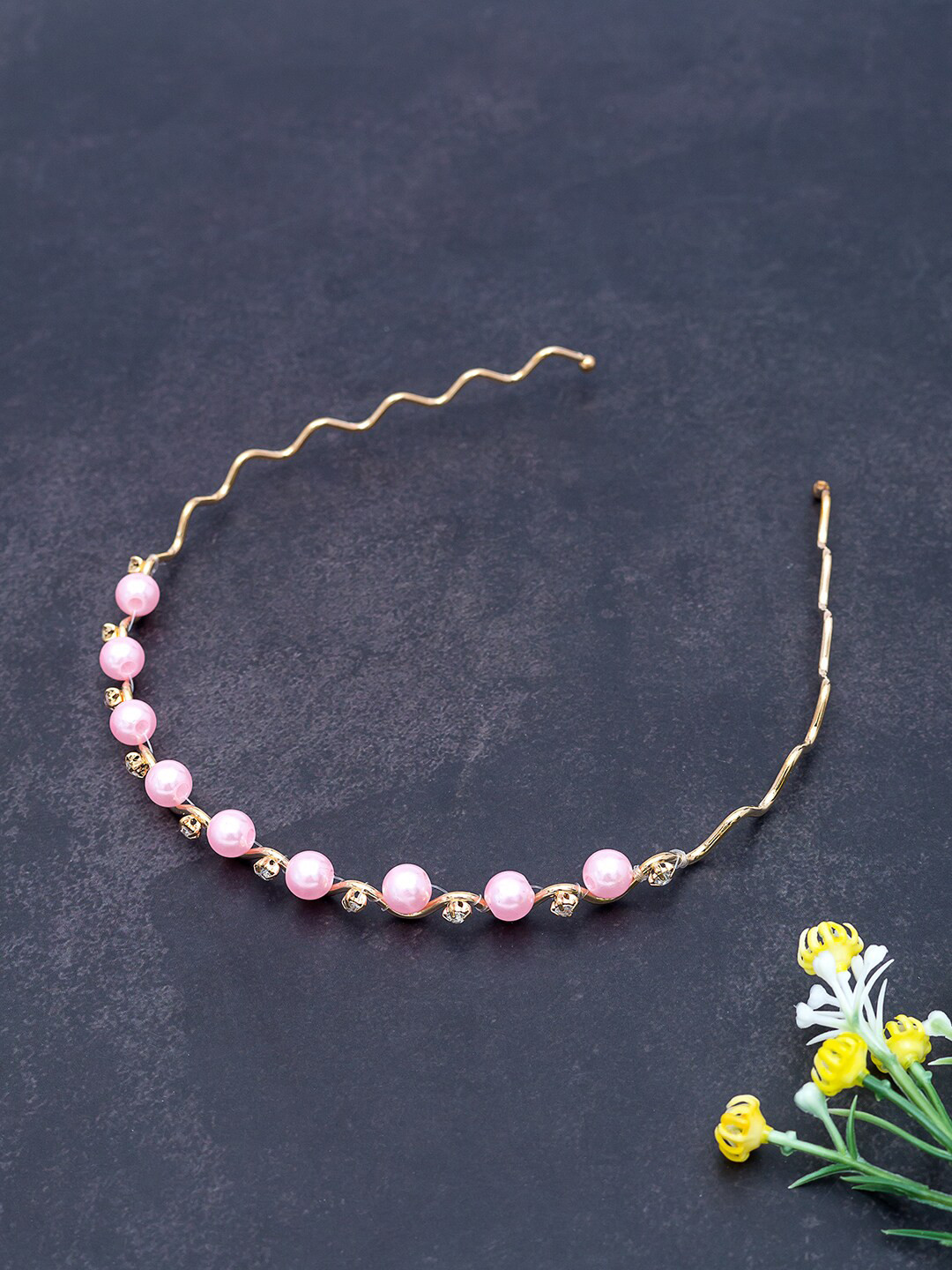 Golden Peacock Pink Pearl Embellished Crystal Wave Hair Band