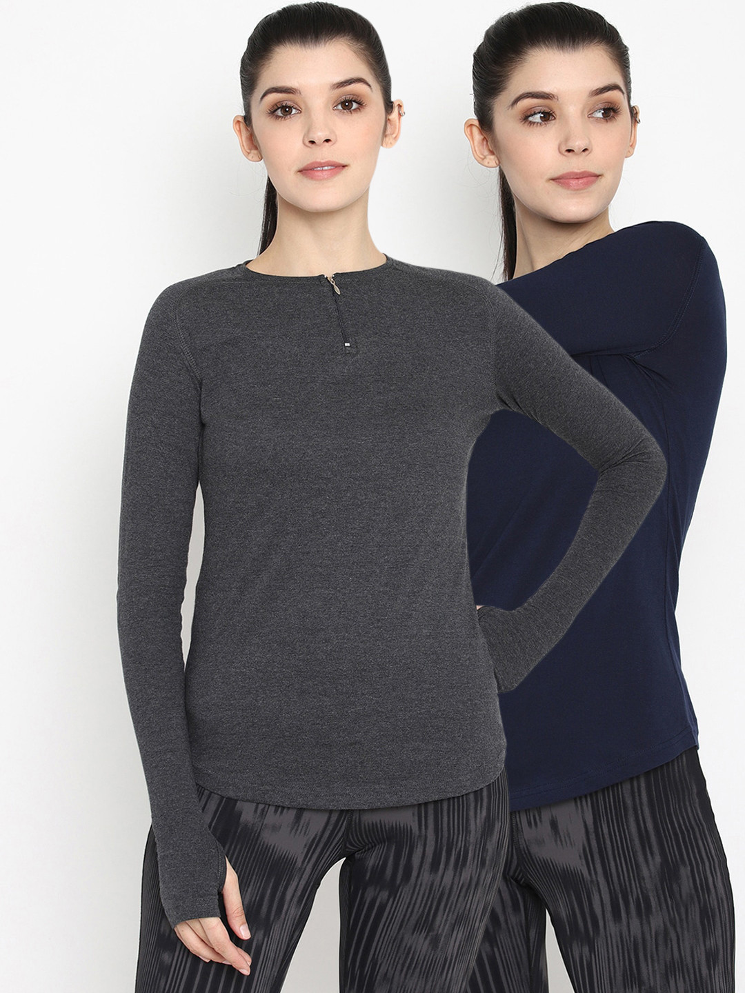 appulse Women Grey & Navy Blue Set of 2 Solid Round Neck Tshirt