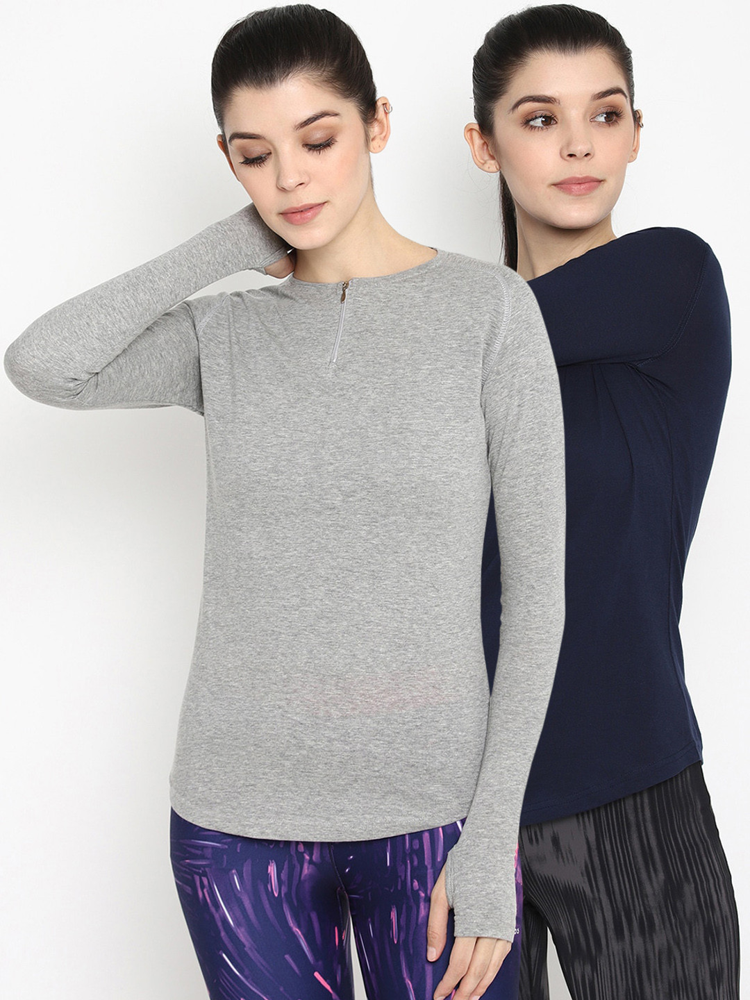 appulse Women Grey & Navy Blue Set of 2 Solid Round Neck Tshirt