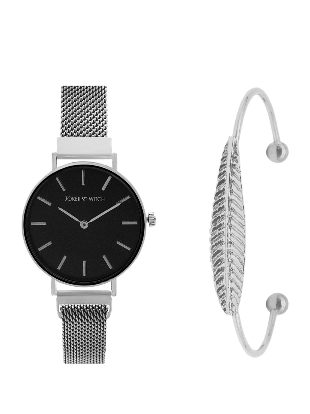 JOKER & WITCH Women Black & Silver-Toned Silver Autumn Watch & Bracelet Gift Set-JWBS332