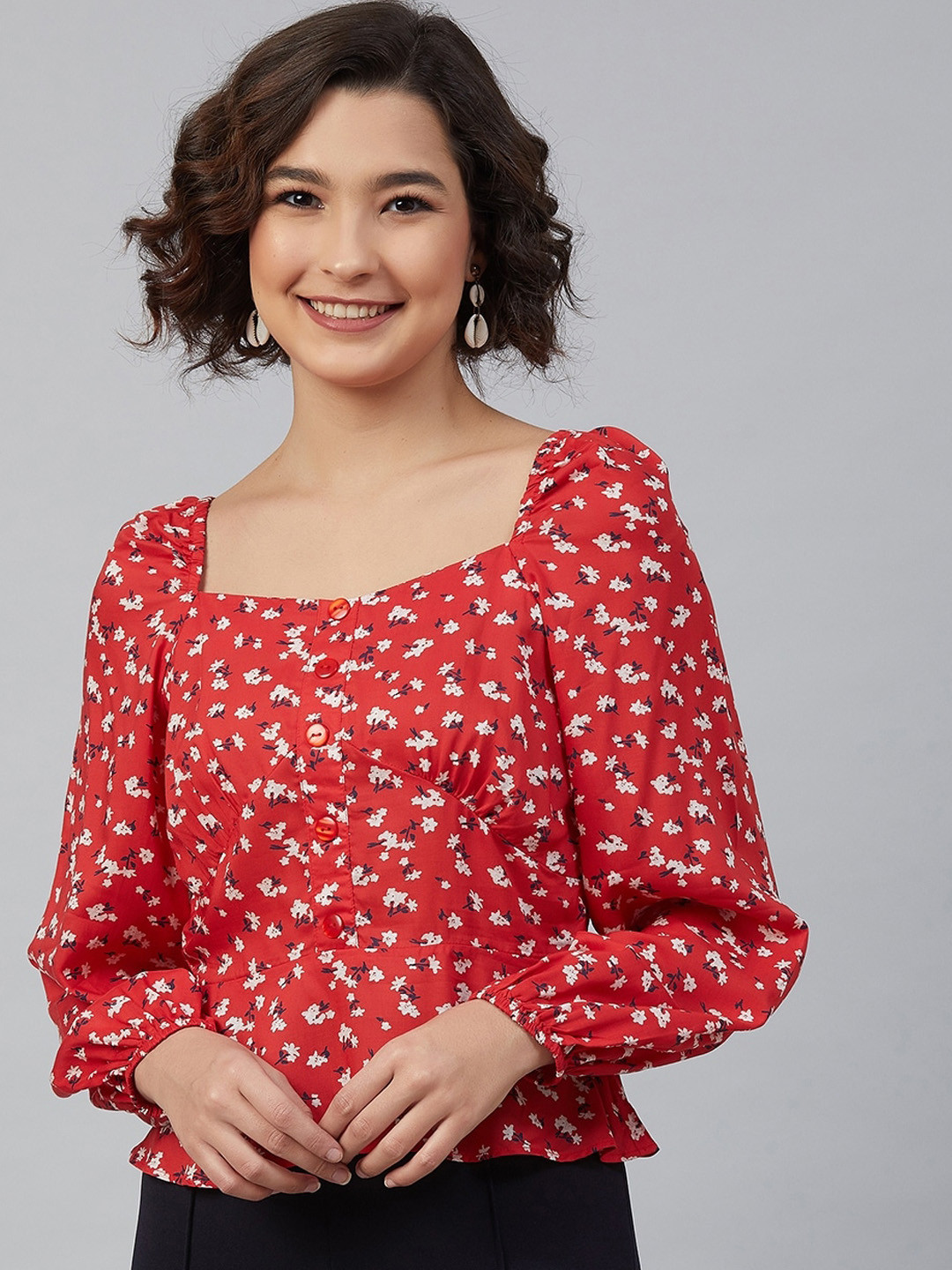 Marie Claire Women Red Floral Printed Puff Sleeves Cinched Waist Top