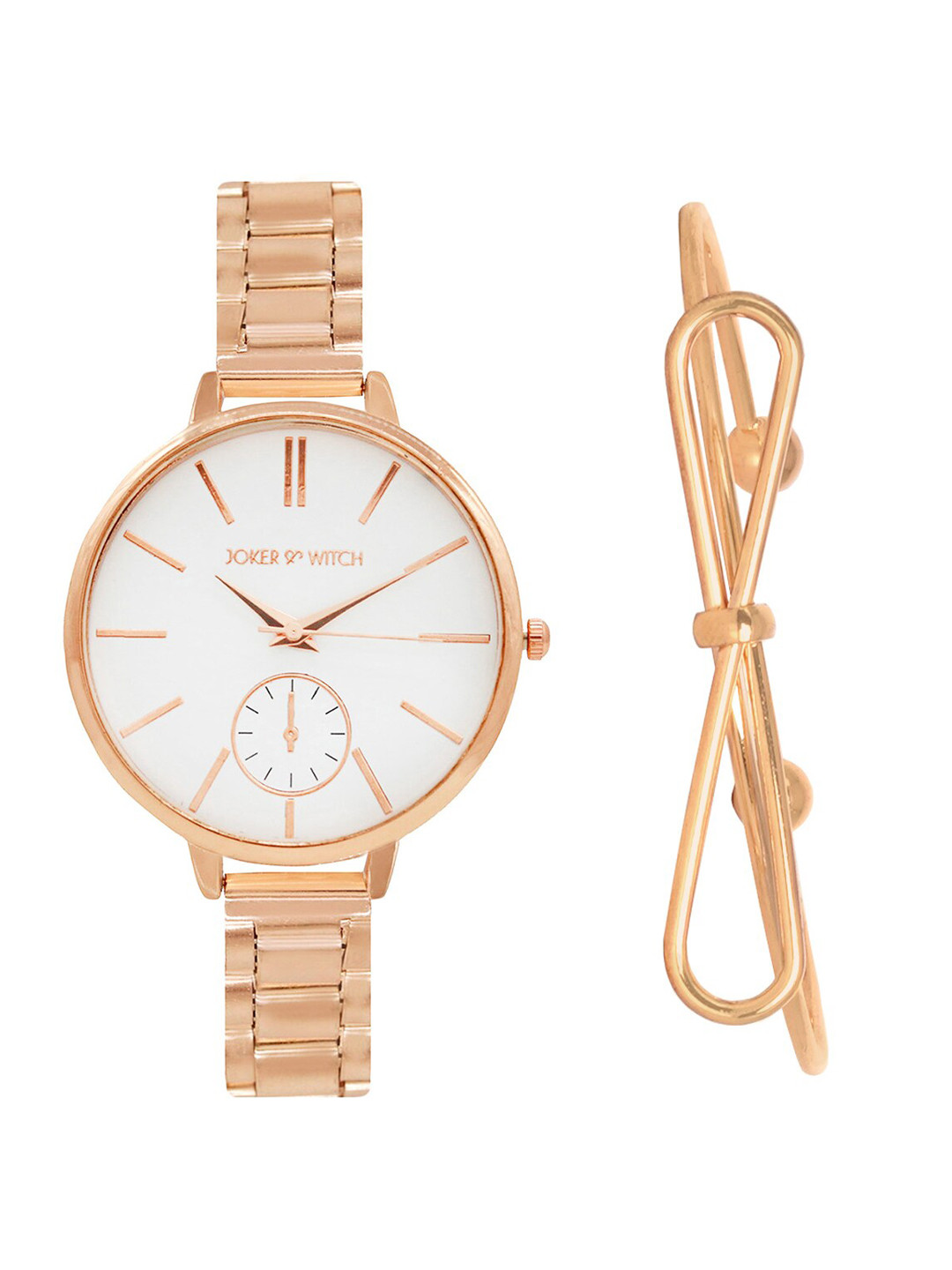 JOKER & WITCH Women Rose Gold-Toned & White Rosa Bow Watch & Bracelet Gift Set-JWBS338