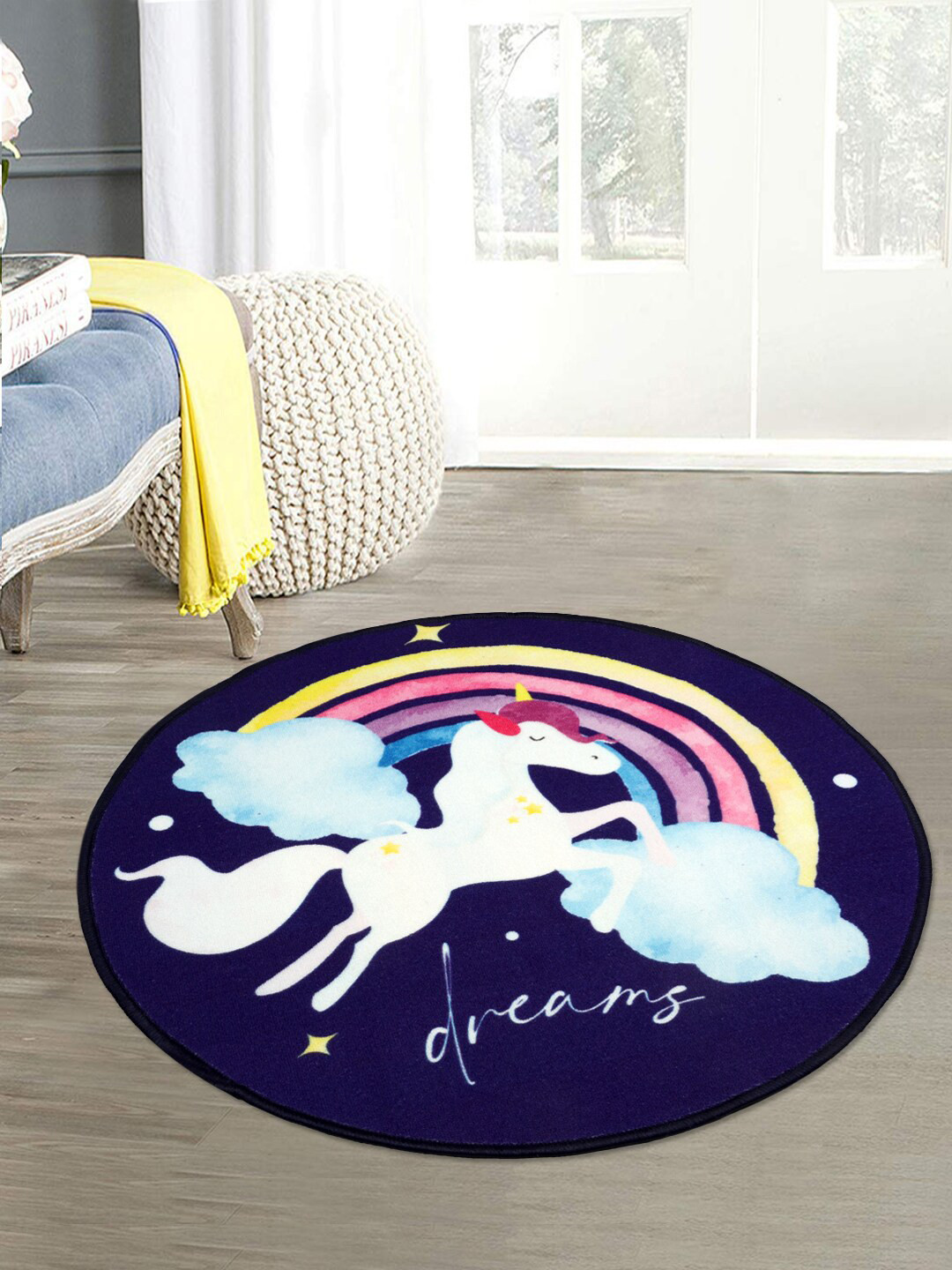 Saral Home Navy Blue Unicorn Round Anti Skid Mat