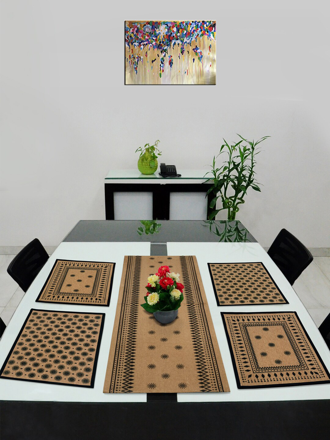 Saral Home Set Of 5 Khaki-Coloured & Black Woven-Design Pattern Table Placemats