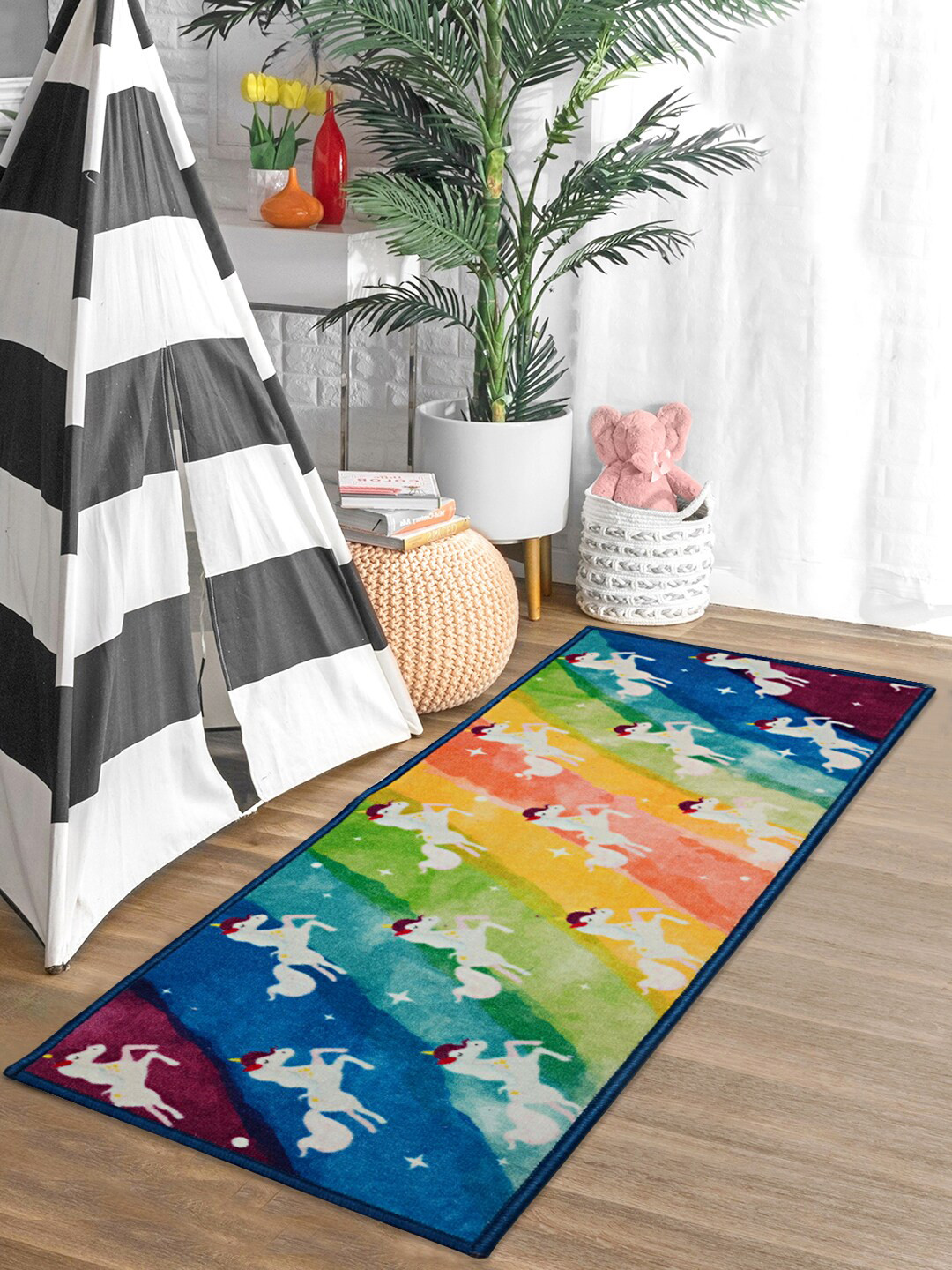 Saral Home Blue & Yellow Unicorn Printed Anti-Skid Floor Runner