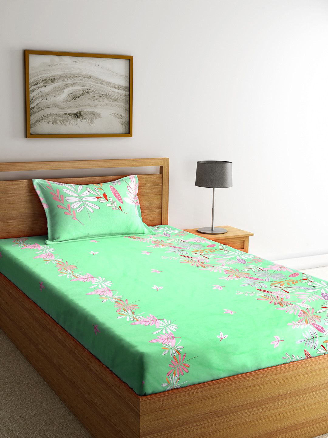 KLOTTHE Book Fold Green Floral Polycotton 210 TC Single Fine Bedsheet with a Pillow Cover-89 x 59 inches