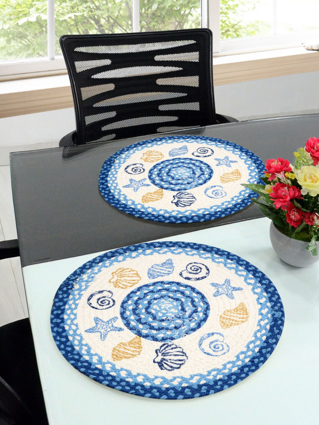 Saral Home Set of 2 Blue & Beige Geometric Woven-Design Table Placemats