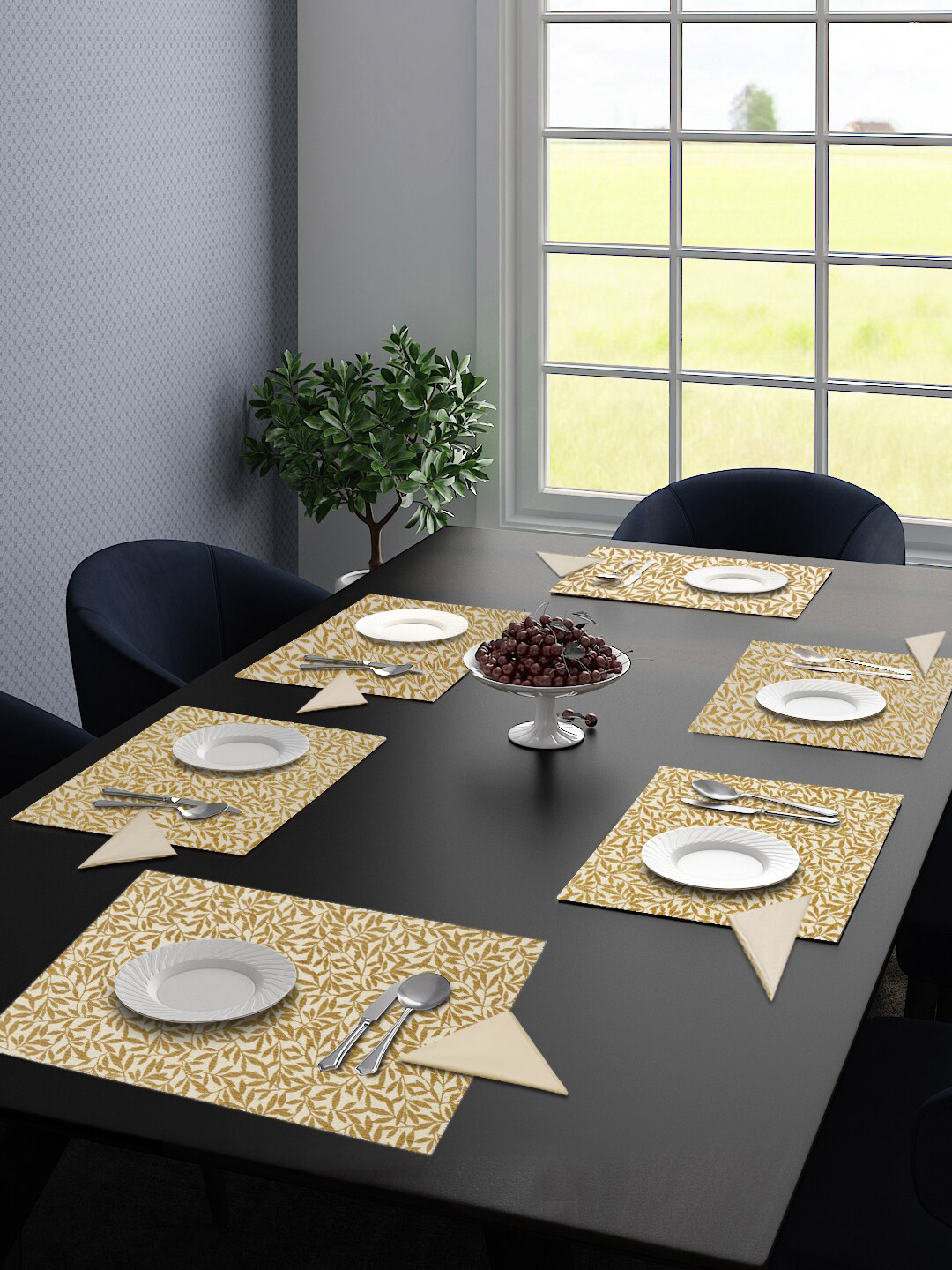 Saral Home Set Of 6 Gold-Coloured & Beige Floral Printed Table Placemats