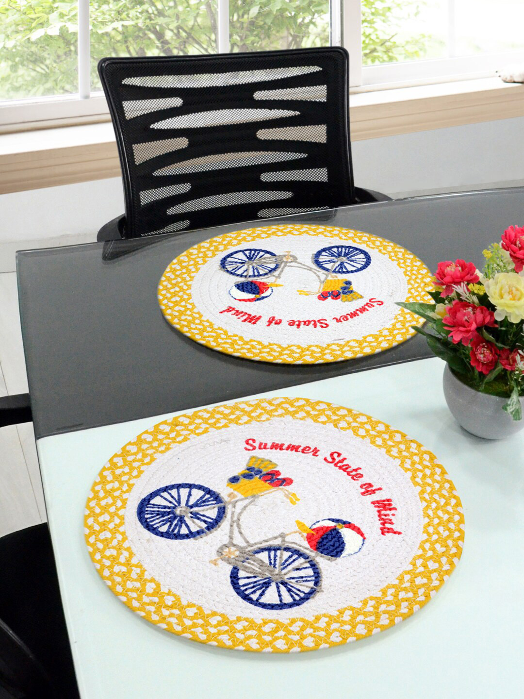 Saral Home Set Of 2 Yellow & Beige Woven Design Sustainable Circular Table Placemats