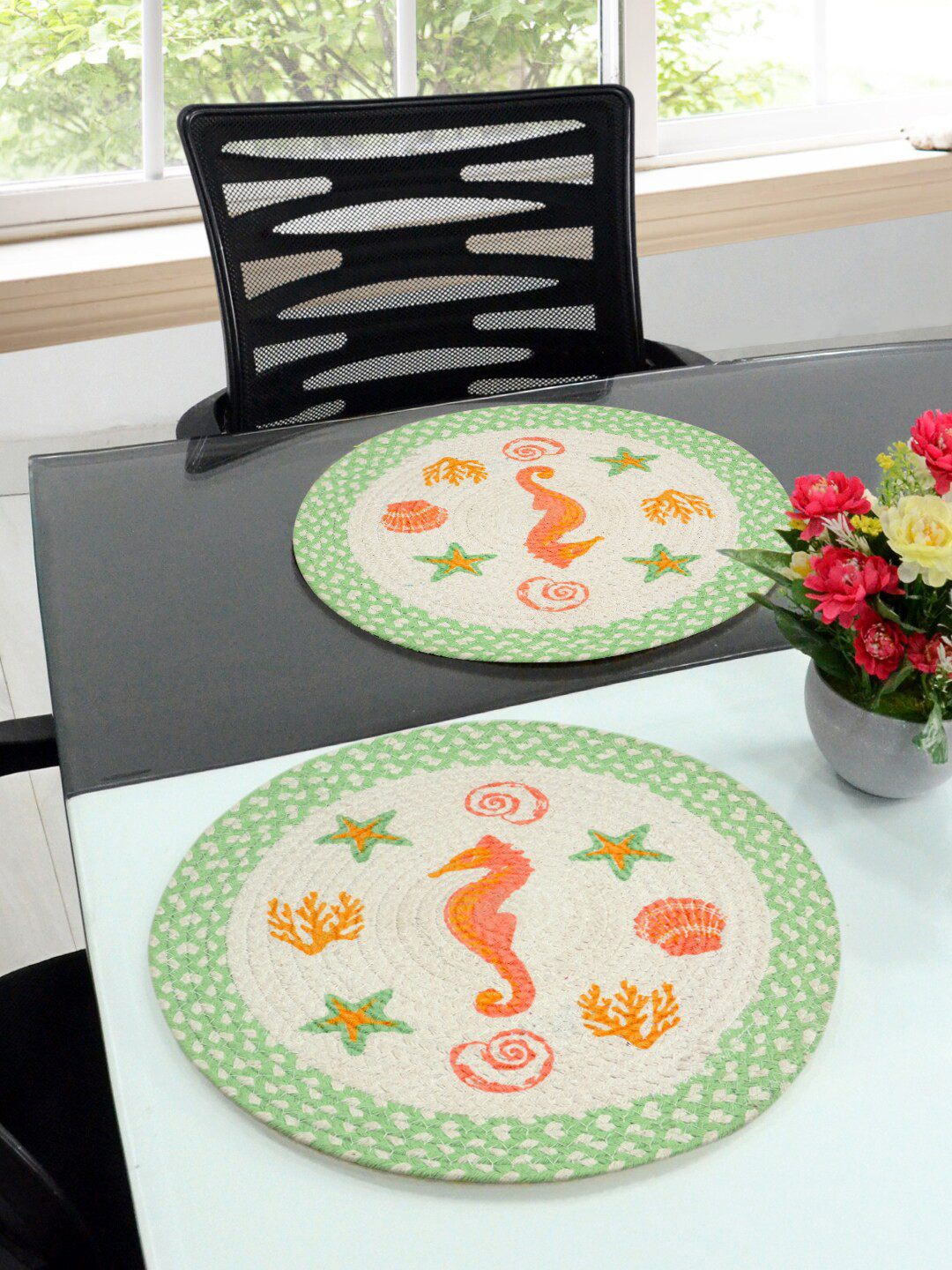 Saral Home Set of 2 Green & Orange Woven-Design Sustainable Table Placemats