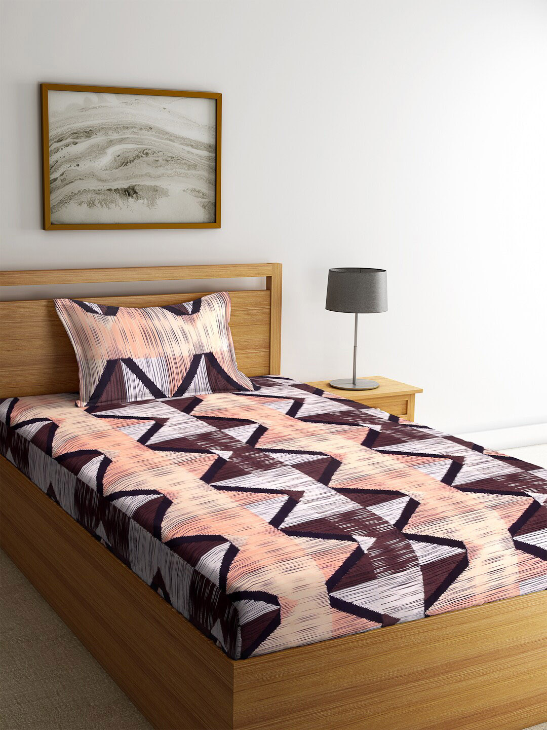 KLOTTHE White & Peach-Coloured Geometric Cotton Single Bedsheet with 1 Pillow Covers