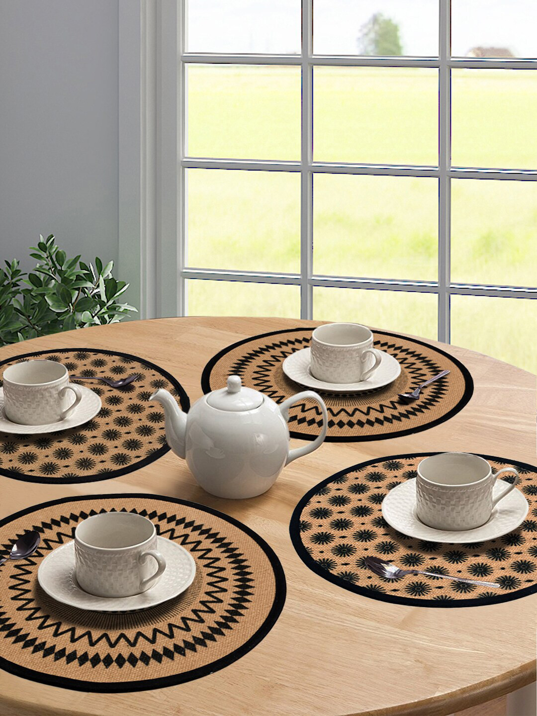 Saral Home Set Of 4 Black & Khaki Woven-Design Sustainable Table Placemats