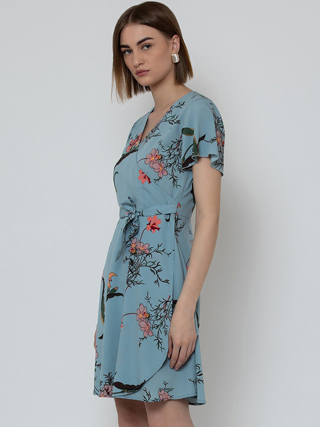 DODO & MOA Women Blue Floral Fit and Flare Knee Length Dress