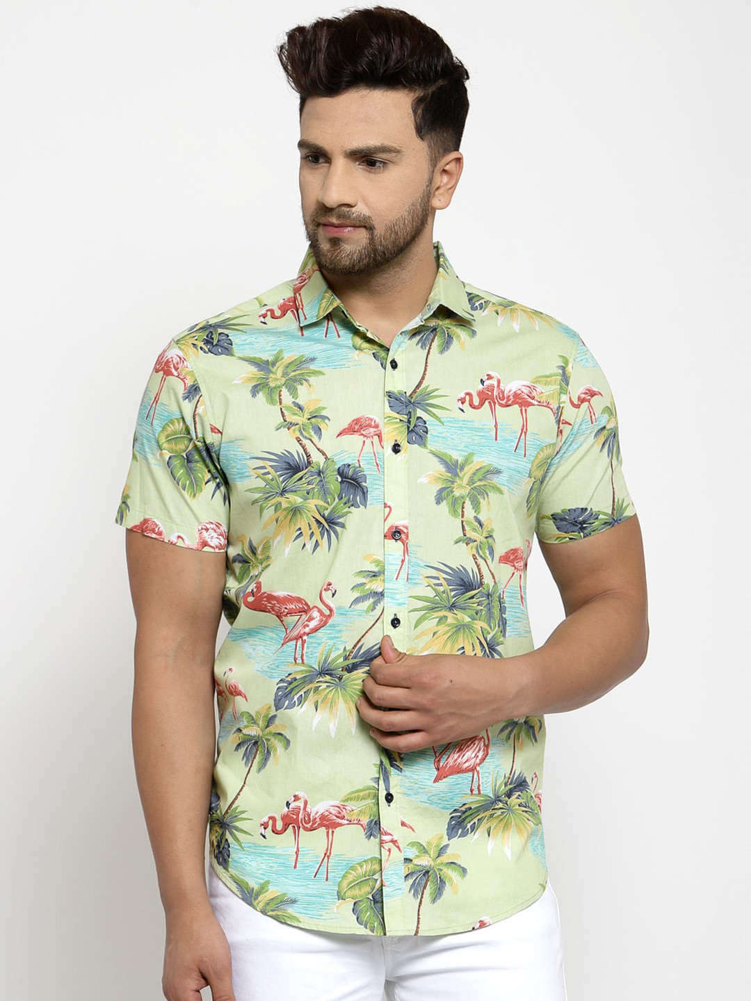 Style Quotient Men Green & Blue Boxy Flamingo Printed Casual Shirt