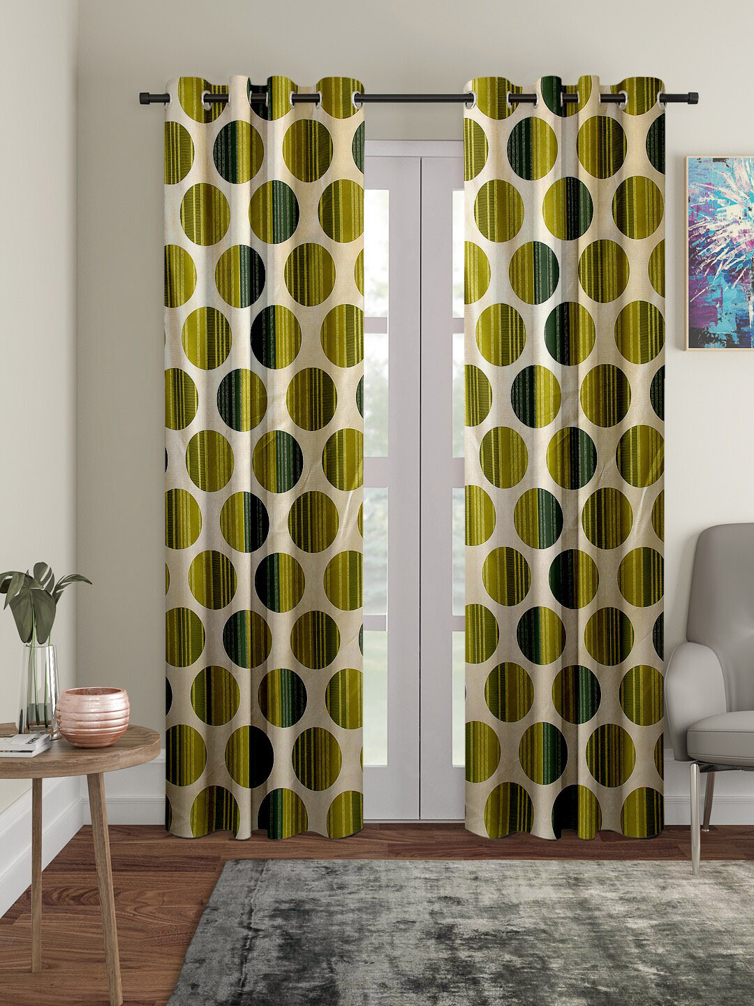 Cortina Cream-Coloured & Green Set of 2 Curtains