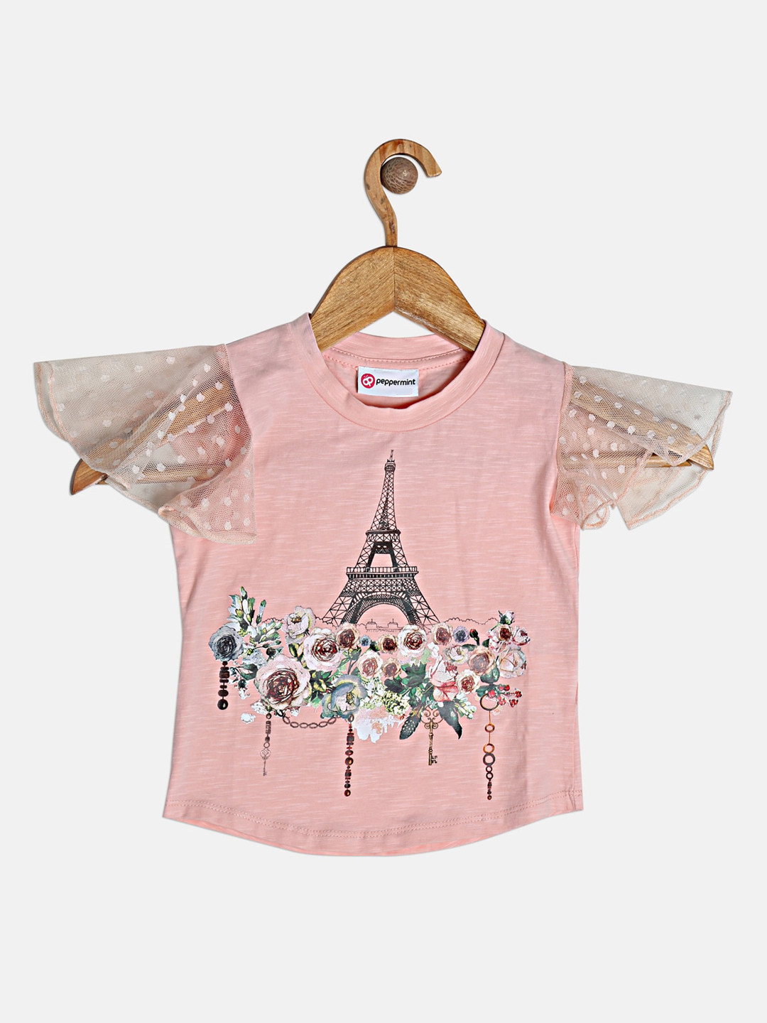 Peppermint Peach-coloured Printed Flared Sleeves Regular Top