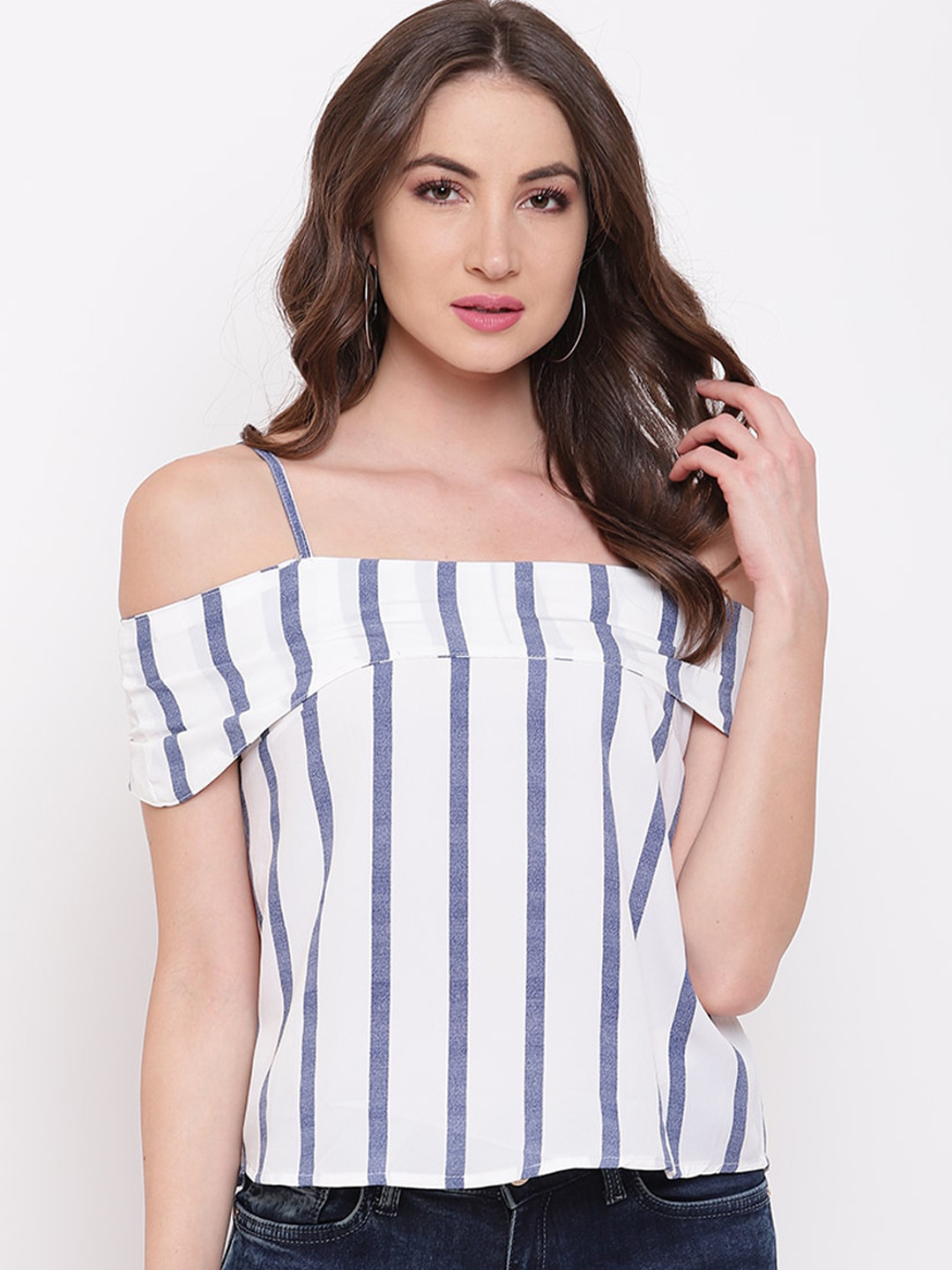 Mayra White & Navy Blue Striped Cold-Shoulder Sleeves Crepe Bardot Top