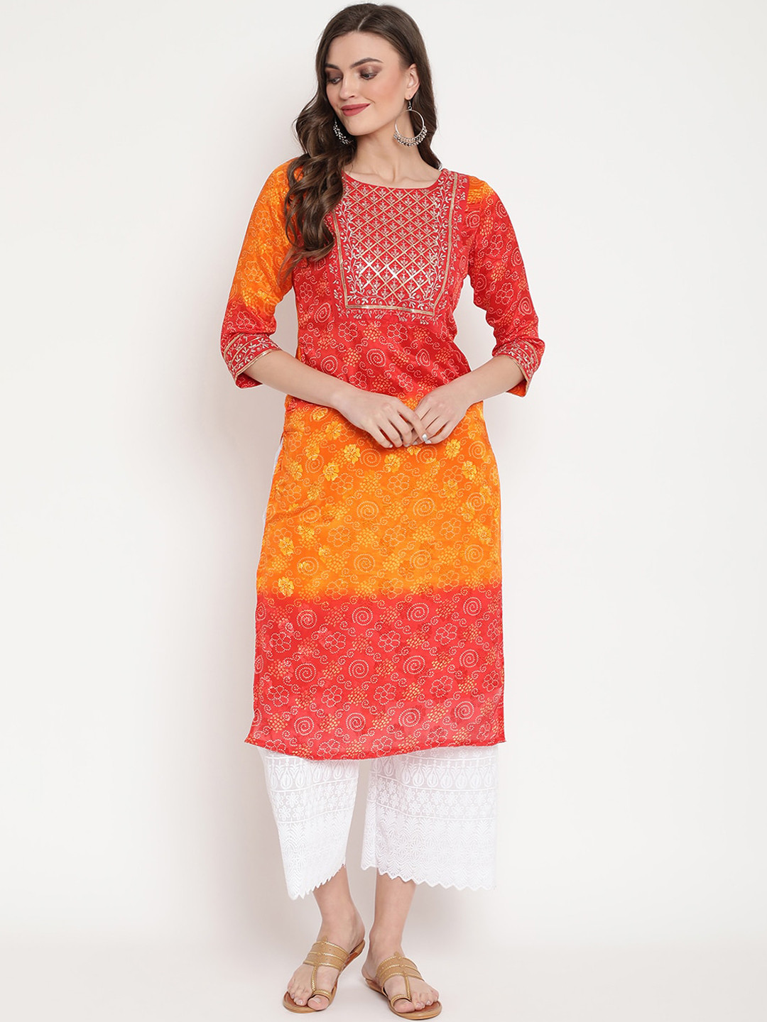 Ramas Women Red & Orange Bandhani Printed Kurta
