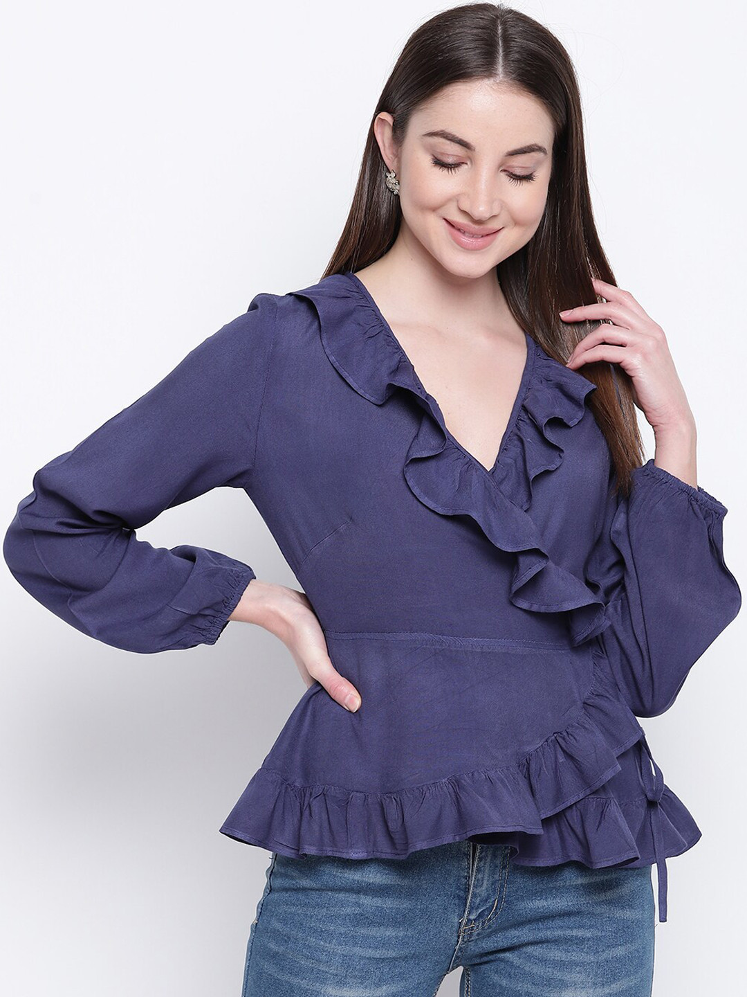 Mayra Blue Puff Sleeves Wrap Top