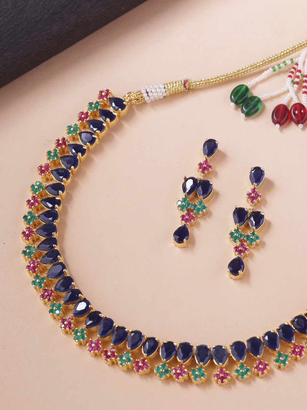 THE AAB STUDIO Gold-Plated Blue & Sea Green Stone-Studded Handcrafted Jewellery Set