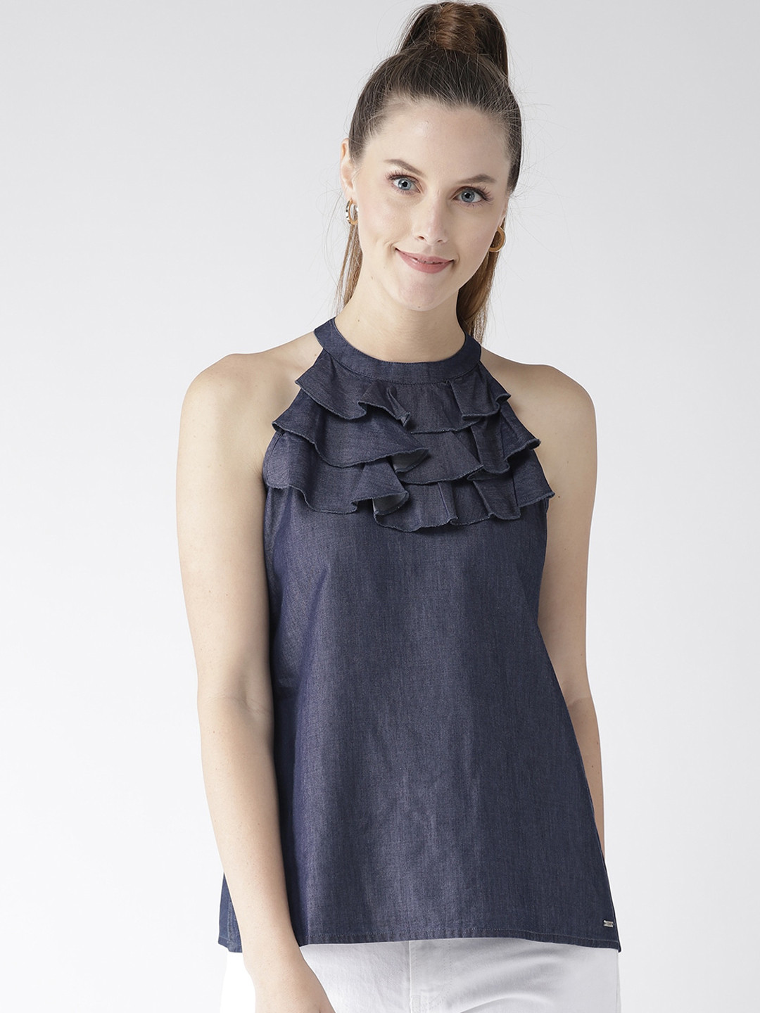 Xpose Navy Blue Halter Neck Pure Cotton A-line Top