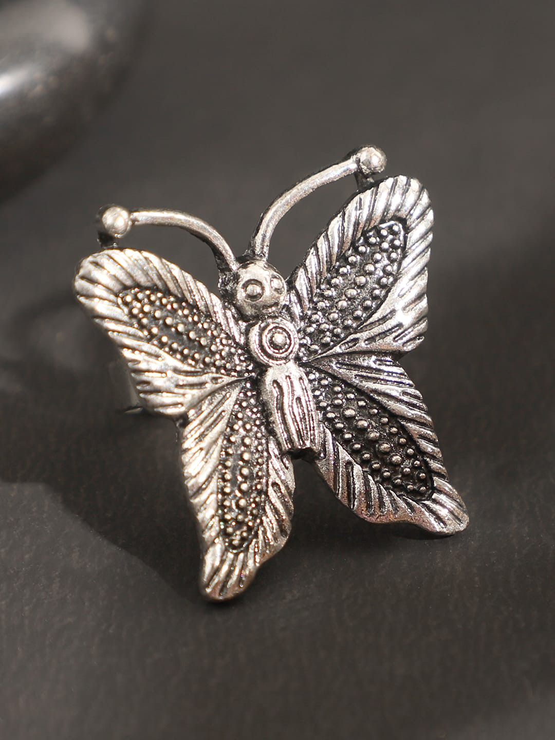 ANIKAS CREATION Oxidised Silver-Plated Black Butterfly-Shaped Finger Ring