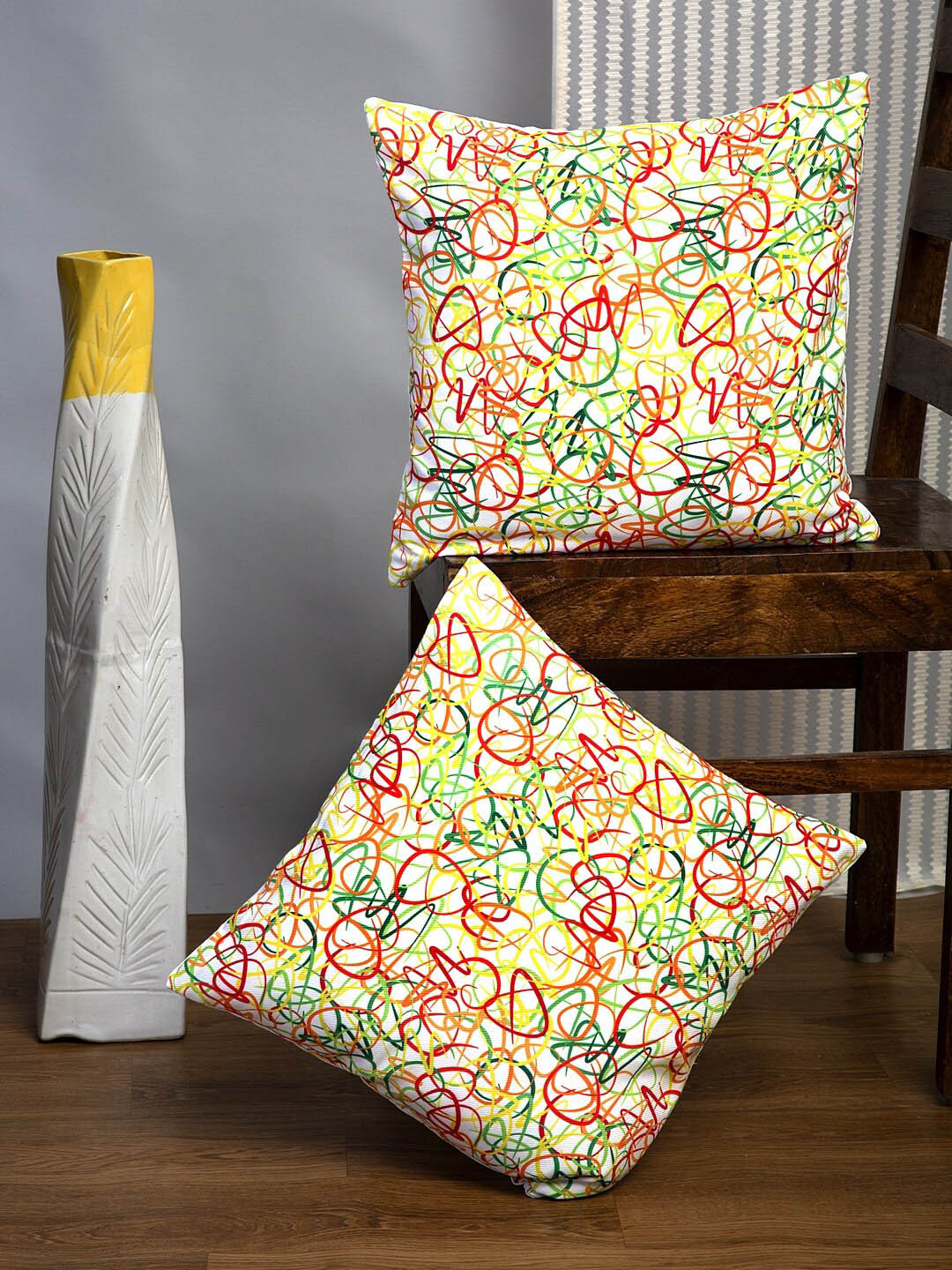 Alina decor White Abstract Polyester Silk Washable 2 Piece Square Cushion Covers -16x16In