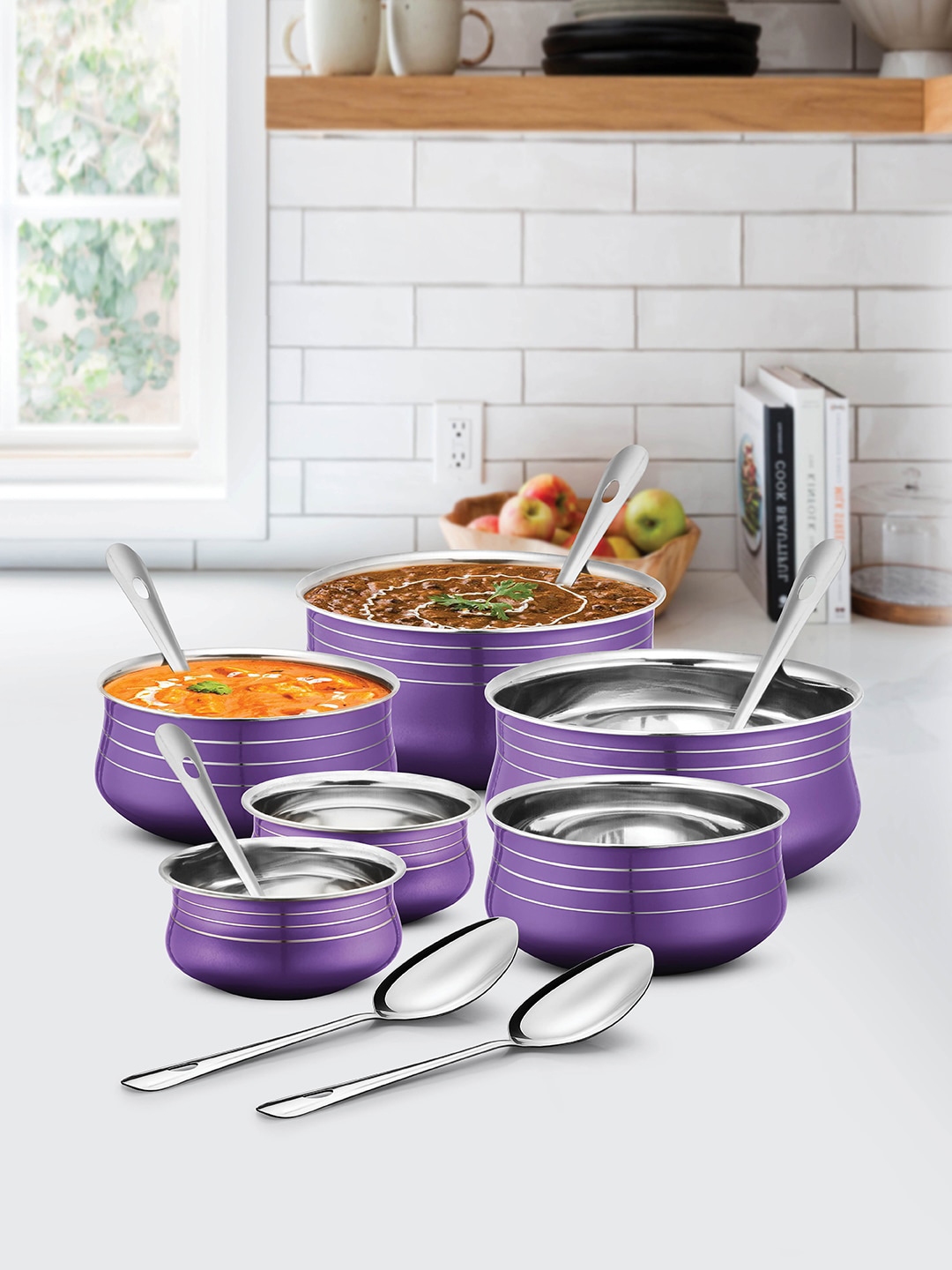 URBAN CHEF Purple 12 Pcs Stainless Steel Handi Set with 6 Pcs Service Spoon