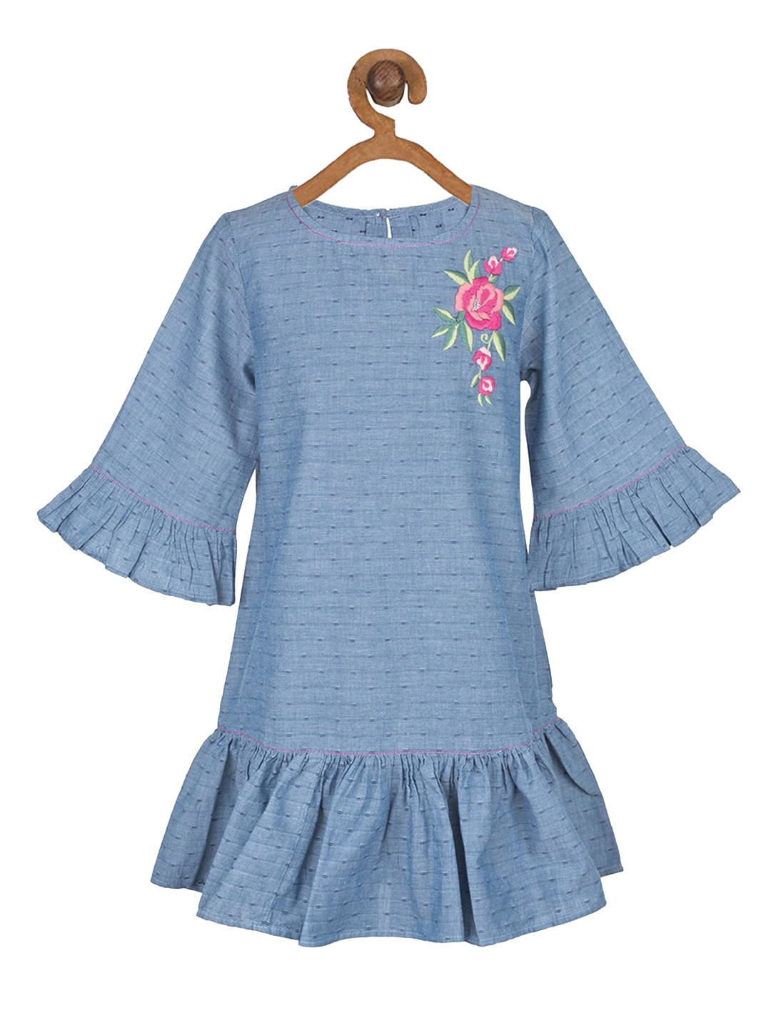 Miyo Girls Blue Self Design Drop-Waist Dress