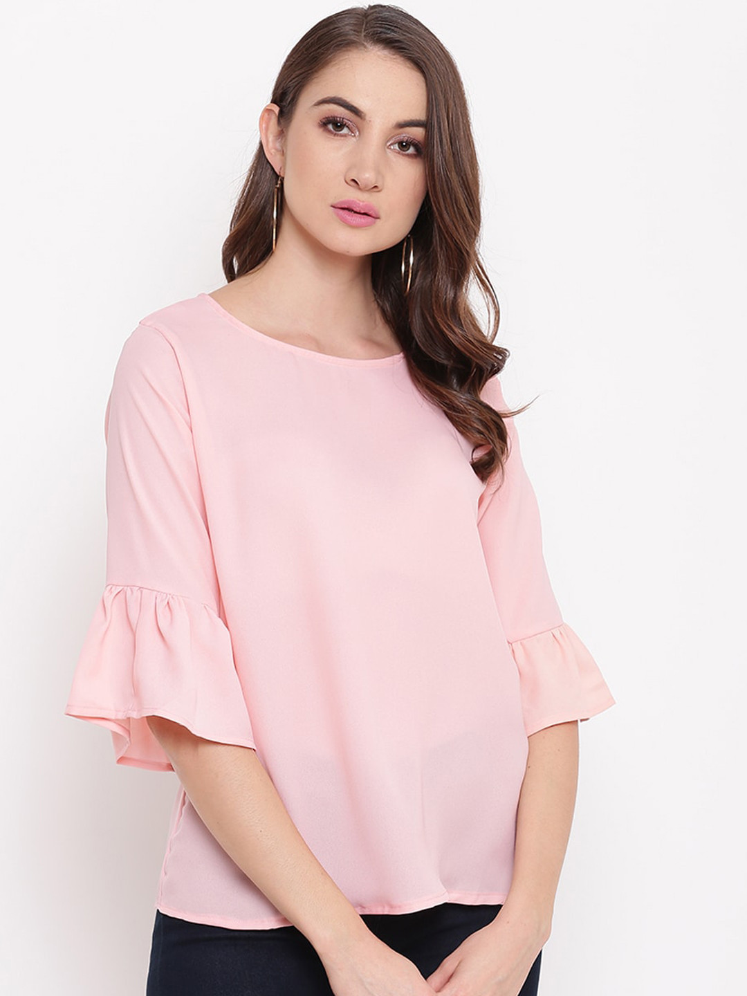 Mayra Pink Flared Sleeves Crepe Regular Top