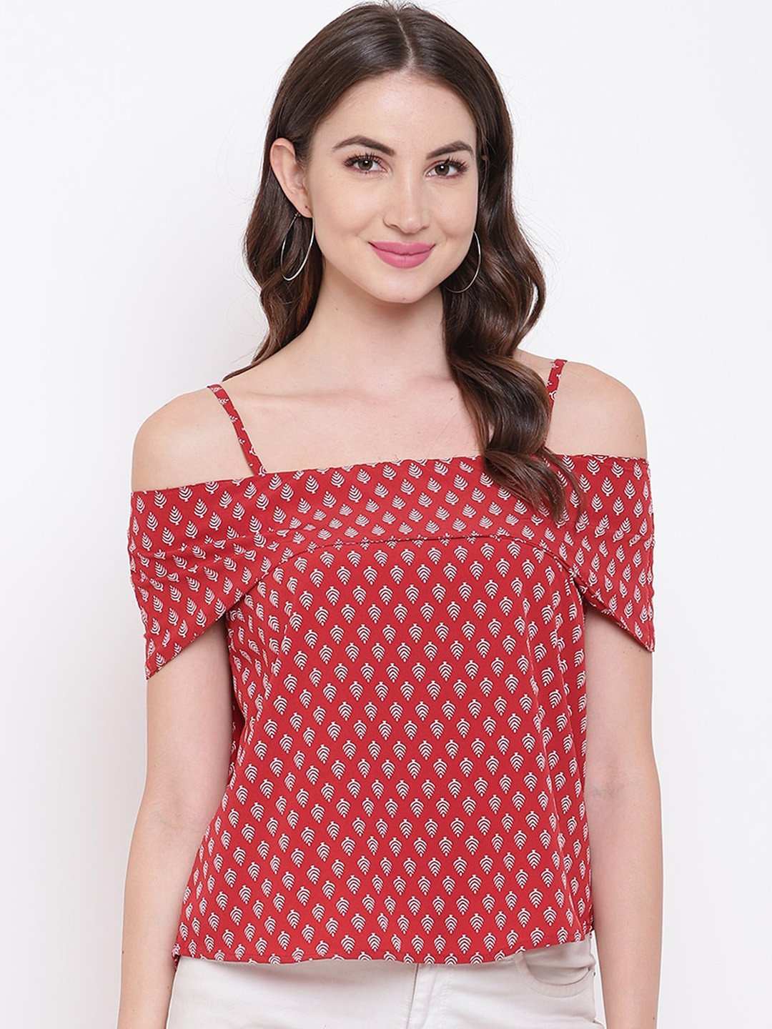Mayra Red & White Ethnic Motifs Cold-Shoulder Crepe Bardot Top