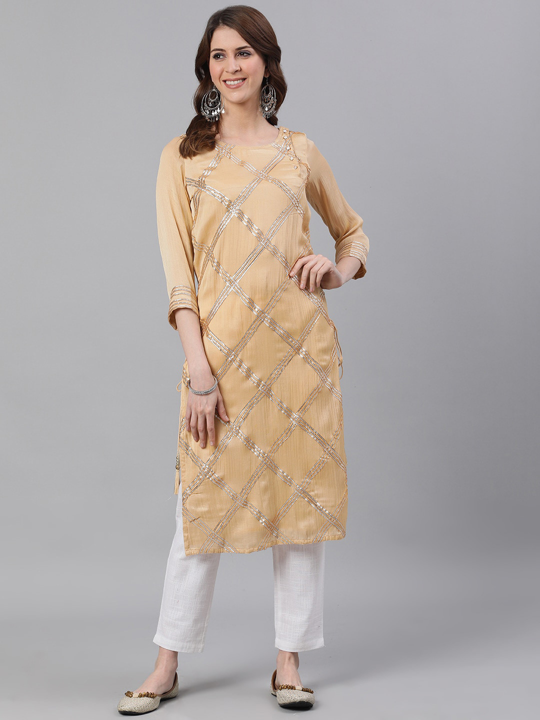 Jaipur Kurti Women Beige Checked Satin Kurta
