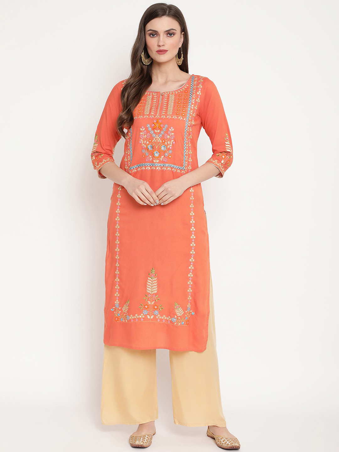 Ramas Women Peach-coloured Ethnic Motifs Embroidered Thread Work Kurta