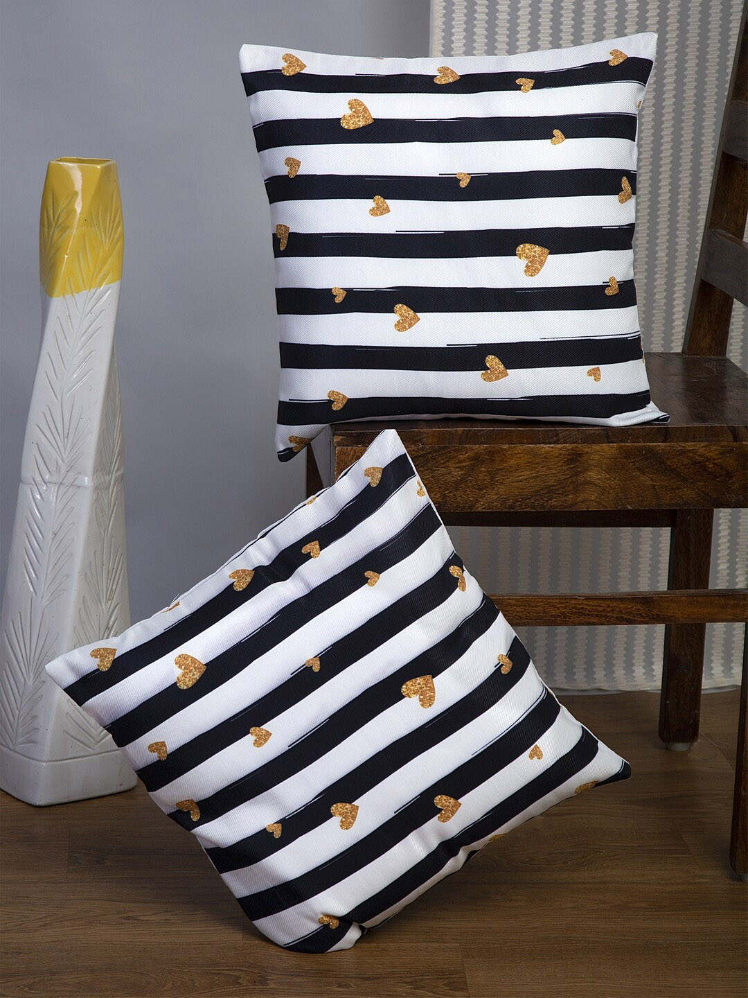 Alina decor Black & White Set of 2 Striped Square Cushion Covers