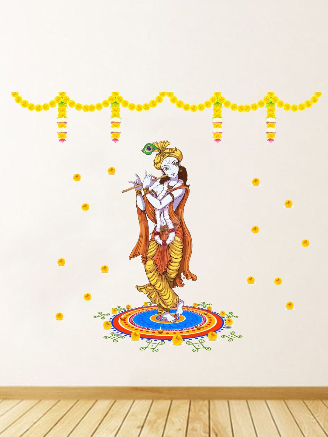 rawpockets Yellow & Orange Traditional Background With Lord Krishna Wall Sticker