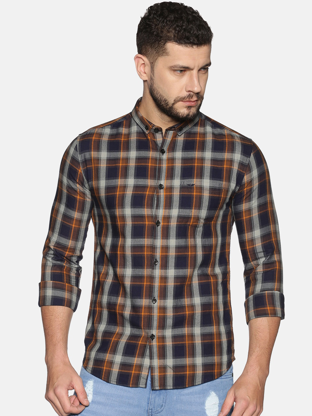 SHOWOFF Men Mustard Slim Fit Checked Casual Shirt