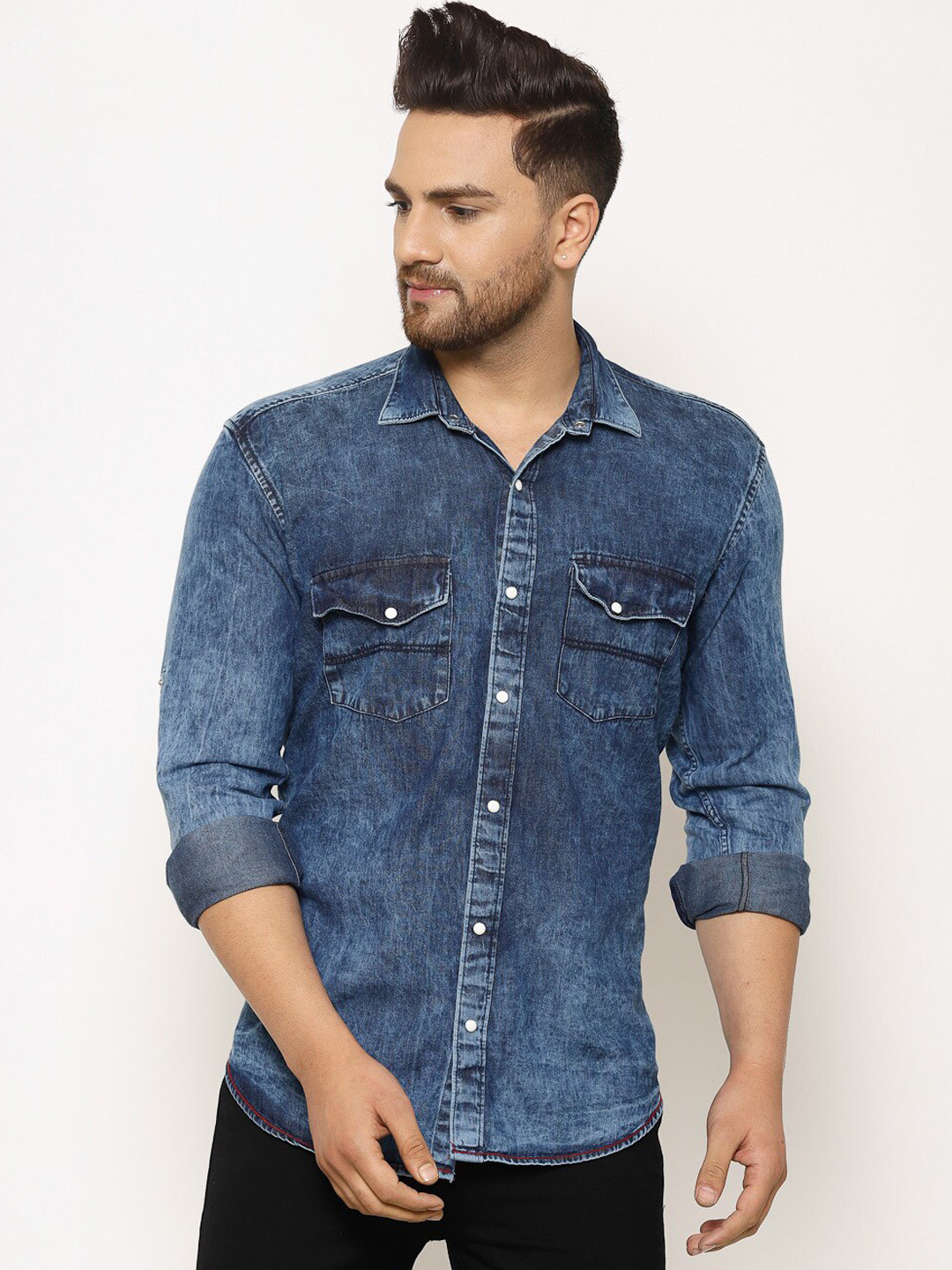 TNG Men Blue Slim Fit Faded Solid Casual Shirt