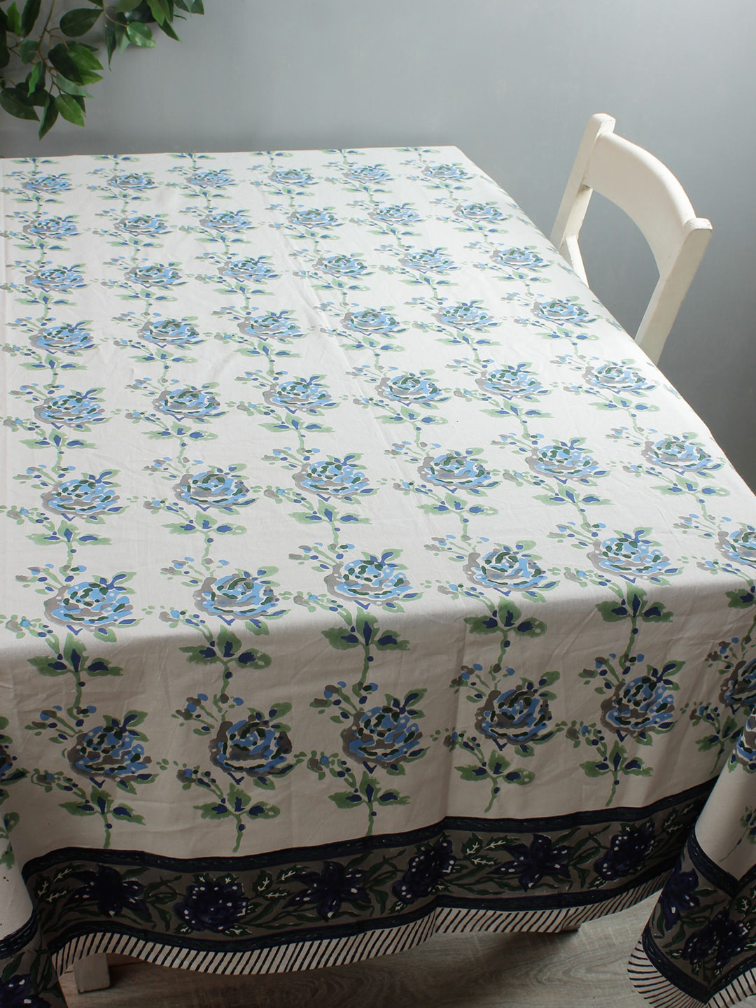 Rajasthan Decor White & Blue Floral Printed Sustainable Table Cover
