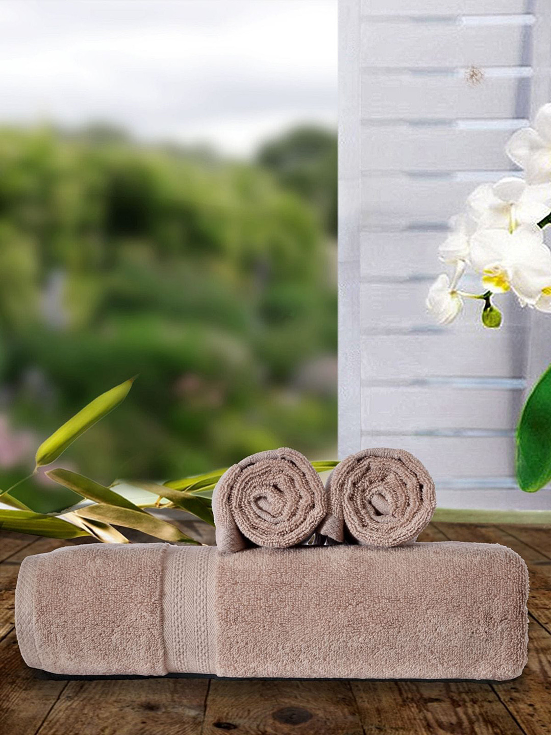BIANCA Set Of 3 Beige Solid Zero-Twist 500 GSM Ultra-Fluffy Towels