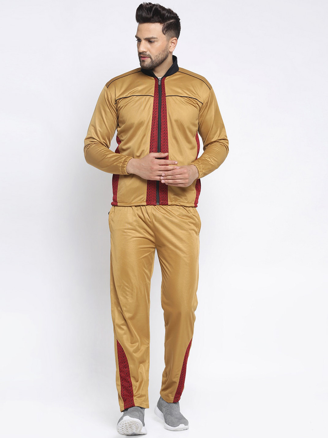 KLOTTHE Men Mustard Yellow & Red Colourblocked Tracksuit