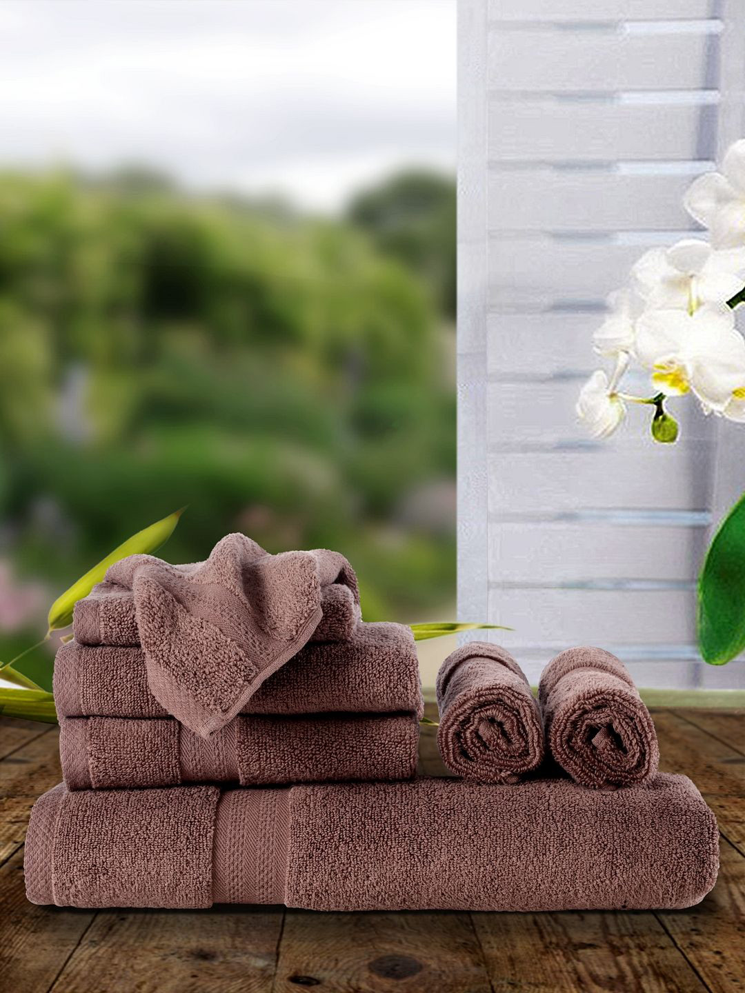 BIANCA Set Of 7 Brown Solid 500 GSM Zero-Twist Towels
