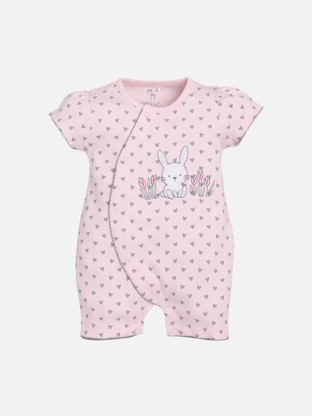 BABY GO Infants Kids Pink & Grey Printed Cotton Romper