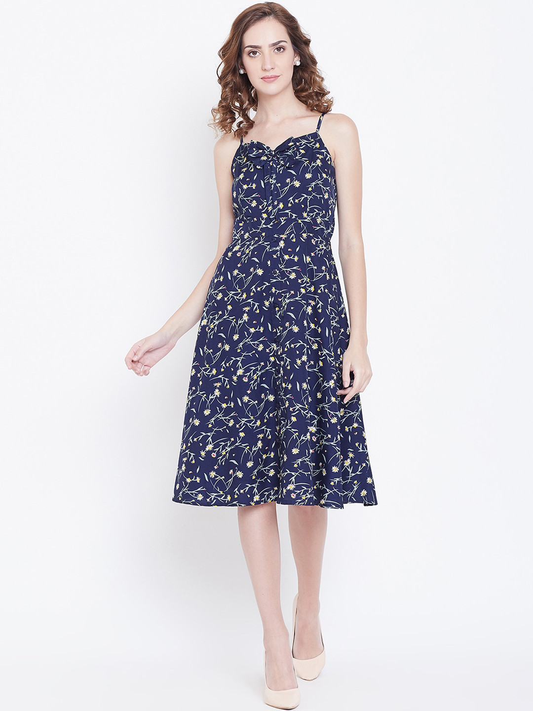 DODO & MOA Women Navy Blue Printed Fit and Flare Dress