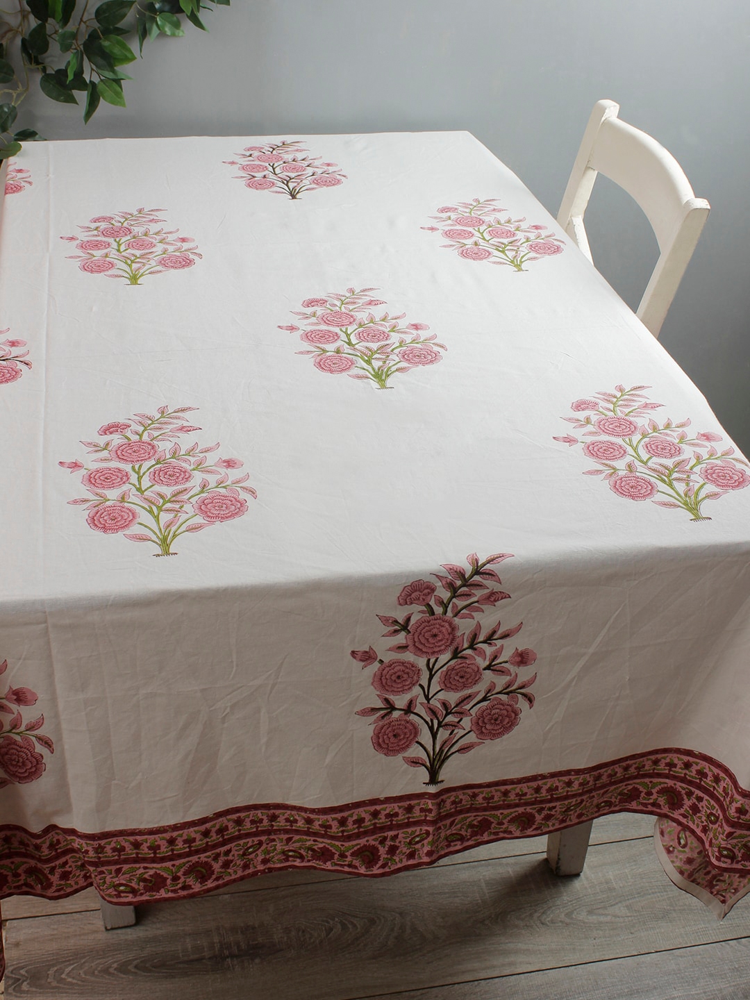 Rajasthan Decor White   Pink Floral Printed 6 Seater Table Cover