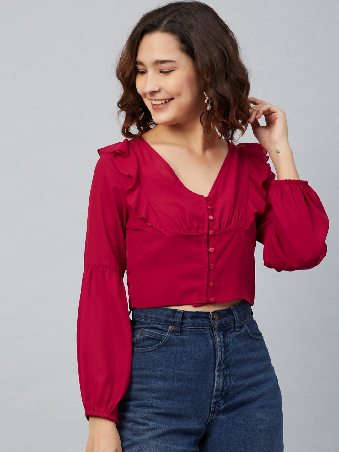 RARE Red Bishop Sleeves Ruffles Crepe Crop Top