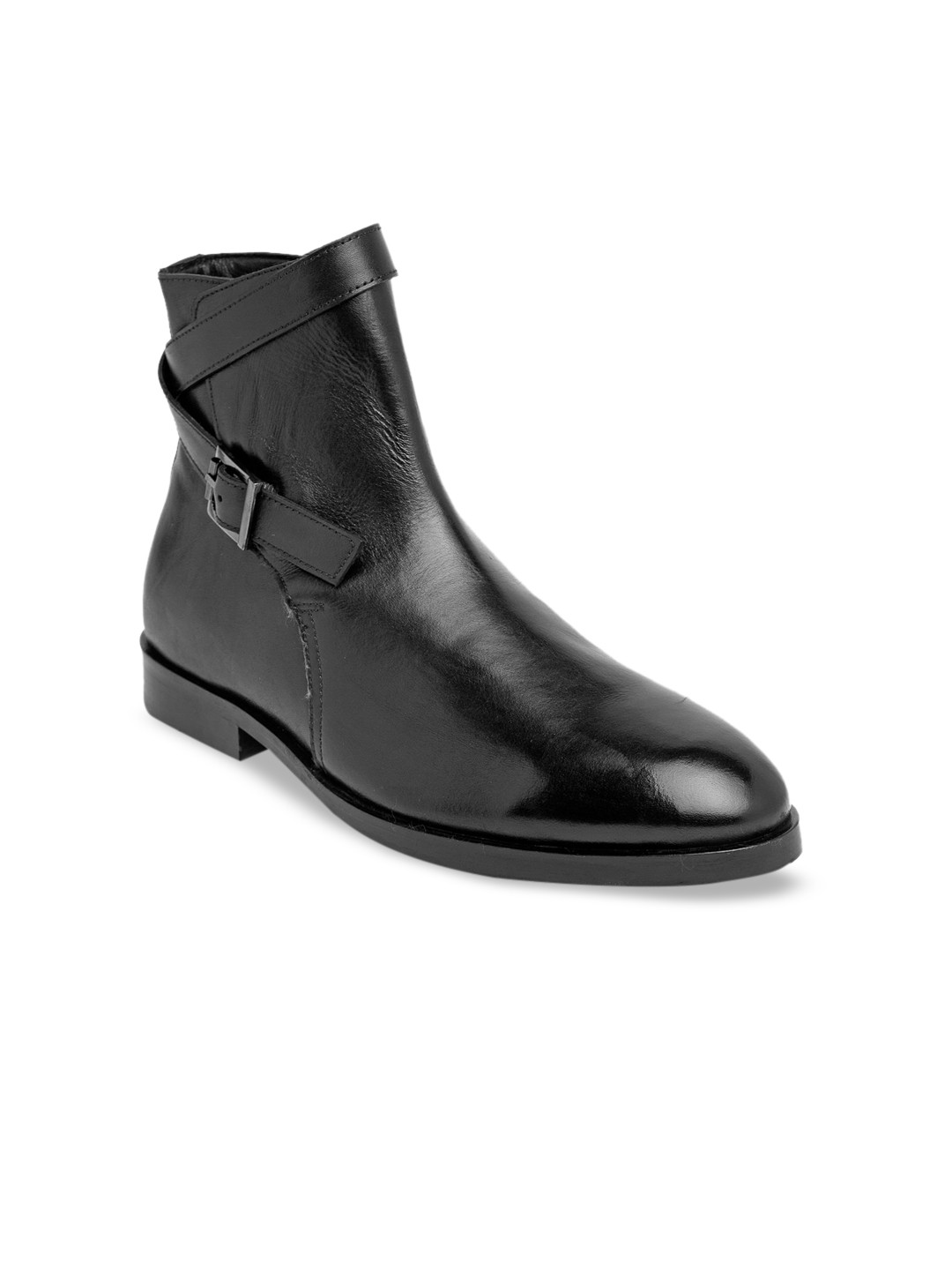 Teakwood Leathers Men Black Leather Solid Mid-Top Flat Boots