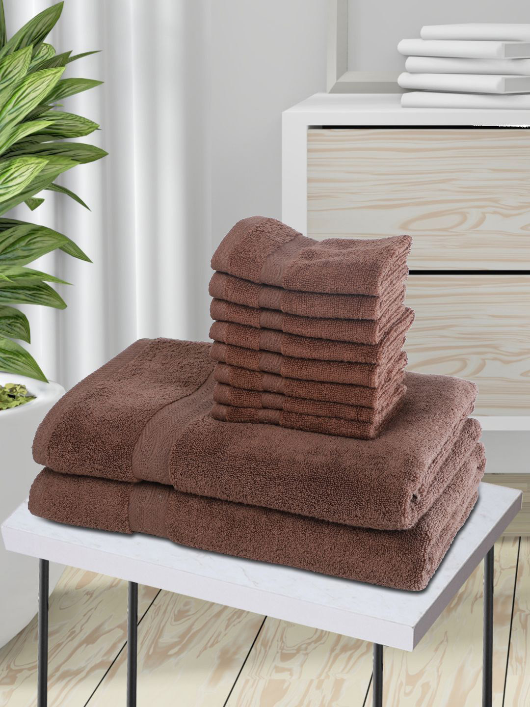 BIANCA Unisex Set Of 10 Brown Solid 500 GSM Zero-Twist Towels