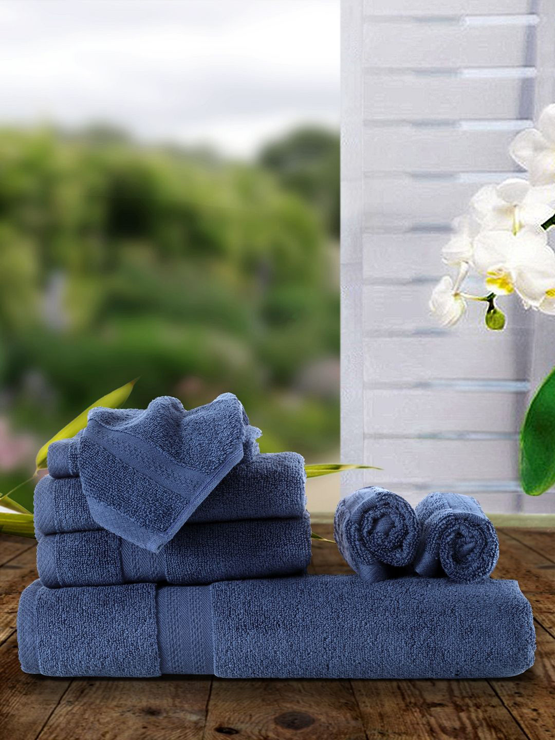 BIANCA Unisex Set Of 7 Blue Solid 500 GSM Zero-Twist Towels