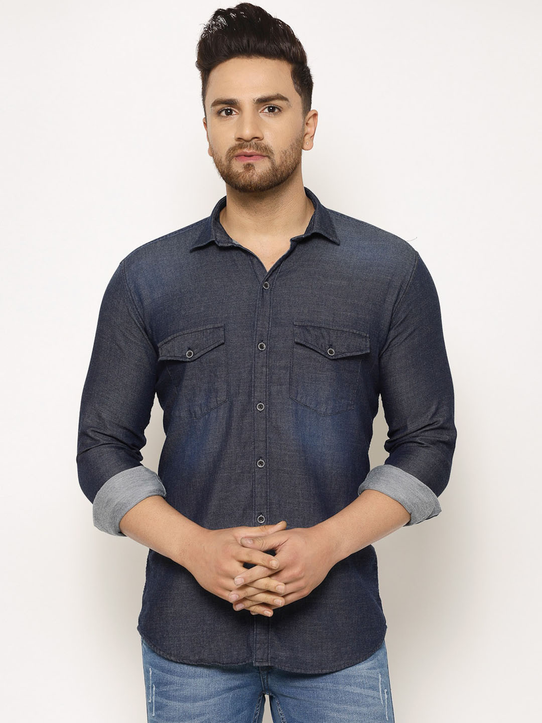 TNG Men Blue Slim Fit Solid Denim Casual Shirt