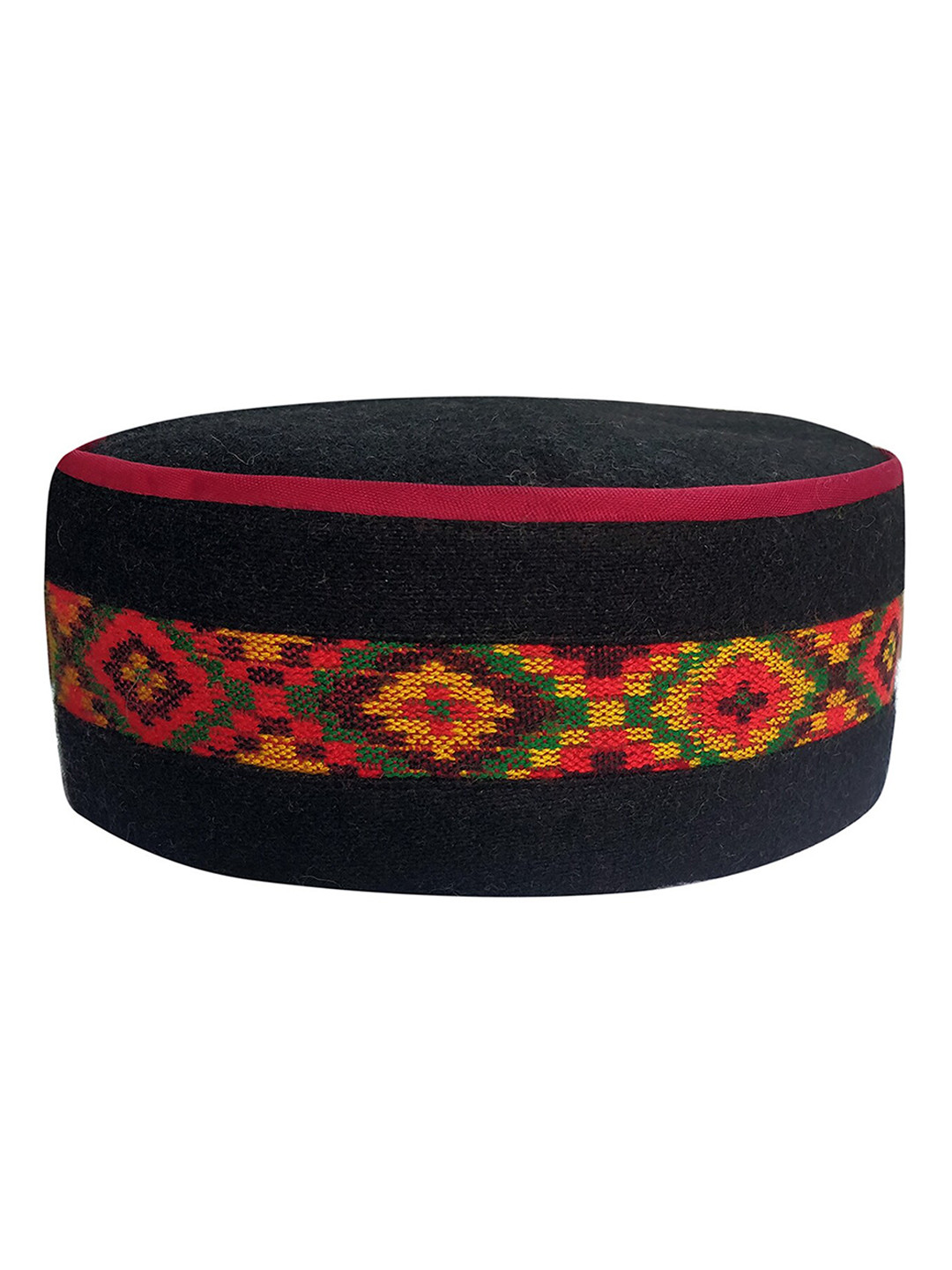 Vastraa Fusion Unisex Black & Orange Embroidered Himachali Kullu Woollen Topi